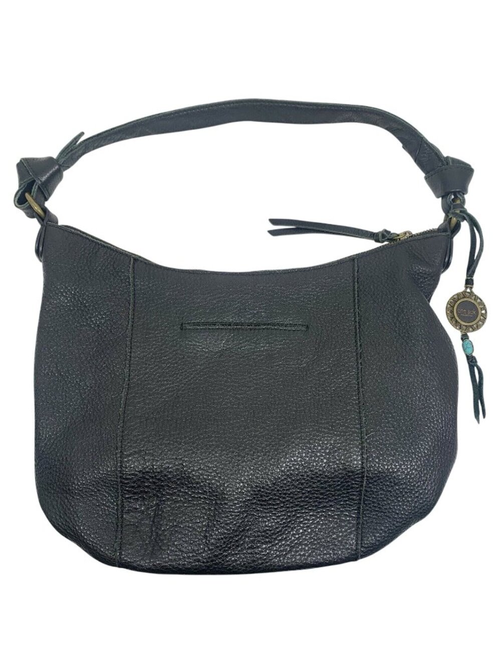 The Sak Black Pebble Leather Handbag Shoulder Bag Tote Knot Strap Bag Charm EUC